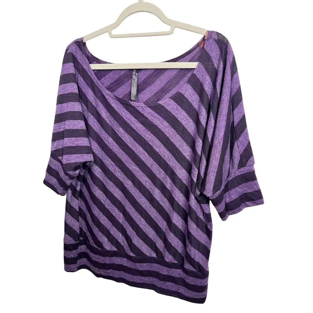 Andrea Purple Striped Top Womens Knit Shirt Dolman Short Sleeve Plus Size 3X - Picture 5 of 16